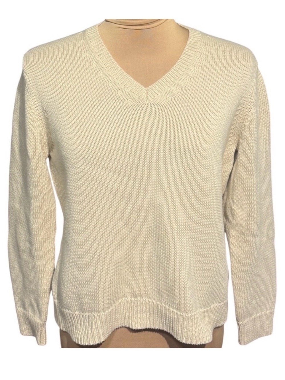 St Johns Bay Petite Medium Cream V-Neck Shaker Knit 100% Cotton Sweater Womens